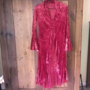 Red Crushed  Ruffled High Low Velved Jacket Dress